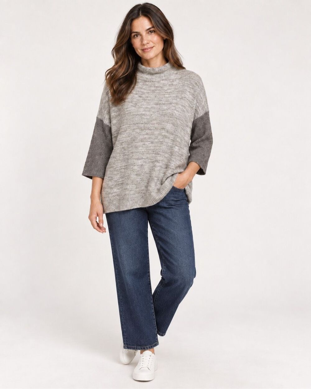 Kinross 100% Cashmere Marled Gray Taupe Mock Neck Dolman Sleeve Sweater S